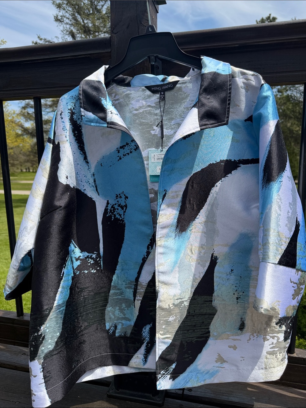 NWT Stunning Ming Wang Blue/black/Silver Abstract Print Blazer one hook